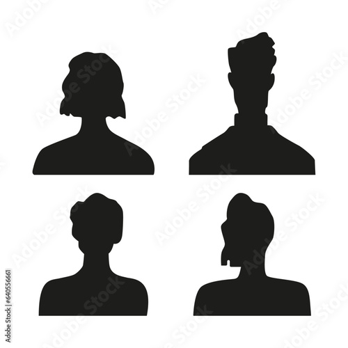 Vector flat illustration. Silhouettes of men and women in black. Avatar, user profile, person icon, profile picture. Suitable for social media profiles, icons, screensavers and as a template.