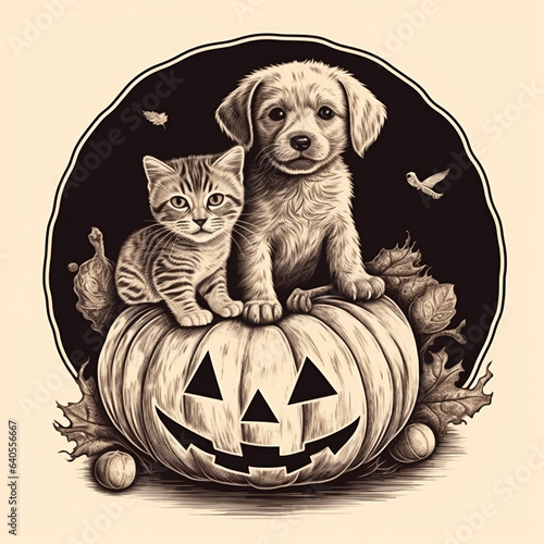 Illustration of a kitten and a puppy sitting with a carved pumpkin or lantern, cute drawing 
