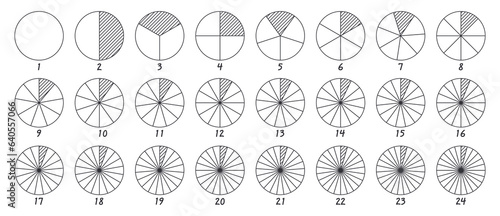 Circles divided into parts from 1 to 24. Outline round chart for infographic, pie portion or pizza slice. Wheel division into fractions, circular shape sectors on white background
