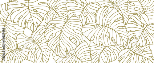 Tropical leaf line art wallpaper background vector. Natural monstera leaves pattern design in minimalist linear contour simple style. Design for fabric  print  cover  banner  decoration.