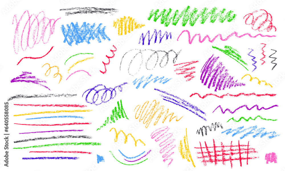 Colorful crayon or charcoal lines set. Doodle lines with grunge pastel pencil texture. Hand drawn chalk scribbles or rough marks. Sketchy squiggle brushes for banner design, graffiti, childish drawing