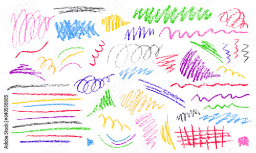 Colorful crayon or charcoal lines set. Doodle lines with grunge pastel pencil texture. Hand drawn chalk scribbles or rough marks. Sketchy squiggle brushes for banner design, graffiti, childish drawing