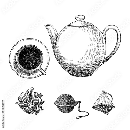 Tea Set. Hand-drawn illustration of  Tea Pot, Tea Bag and Tea Strainer. Ink. Vector