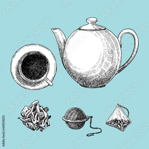 Tea Set. Hand-drawn illustration of  Tea Pot, Tea Bag and Tea Strainer. Ink. Vector