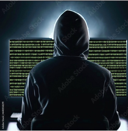 A hooded hacker looks at computer monitors