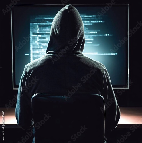 Hooded online hacker looking at computer monitor screen created using artificial intelligence