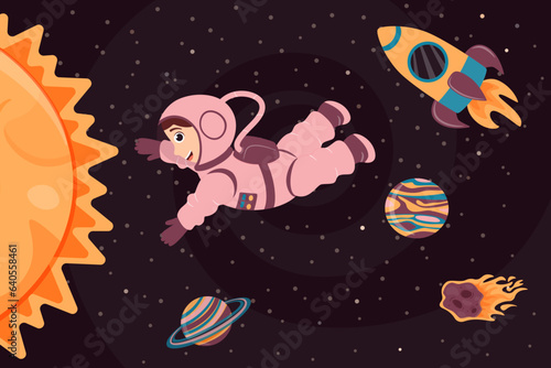Background with cute astronaut  rocket  planet and meteorite in cartoon style.