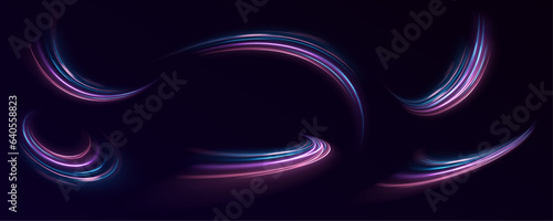 Semicircular wave. Abstract light lines of movement and speed in neon color. Laser beams luminous abstract sparkling isolated on a transparent background. Light trail curve swirl. Light and stripes mo