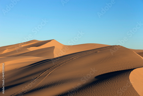 Sand dunes at sunset wheel ruts and blue sky at sunset photo