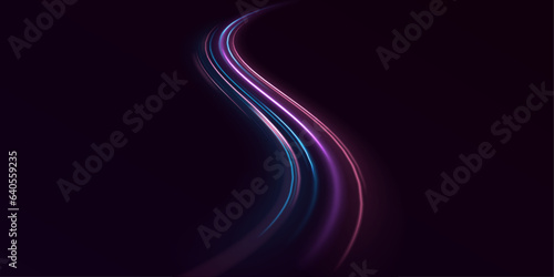 Magic swirl with light effect in red, purple, blue colors. Expressway in long exposure. Vector illustration of trendy futuristic design.