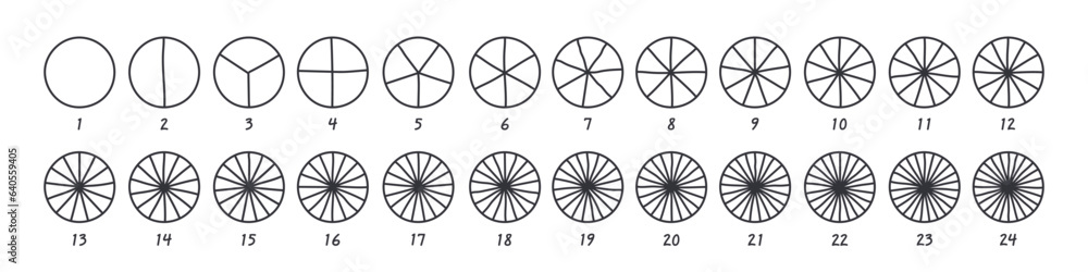 Circles divided into parts from 1 to 24. Doodle outline round chart for infographic, pie portion or pizza slice. Wheel division into fractions, circular shape sectors on white, hand drawn illustration Circles divided into parts from 1 to 24. Doodle outline round chart for infographic, pie portion or pizza slice. Wheel division into fractions, circular shape sectors on white, hand drawn illustration