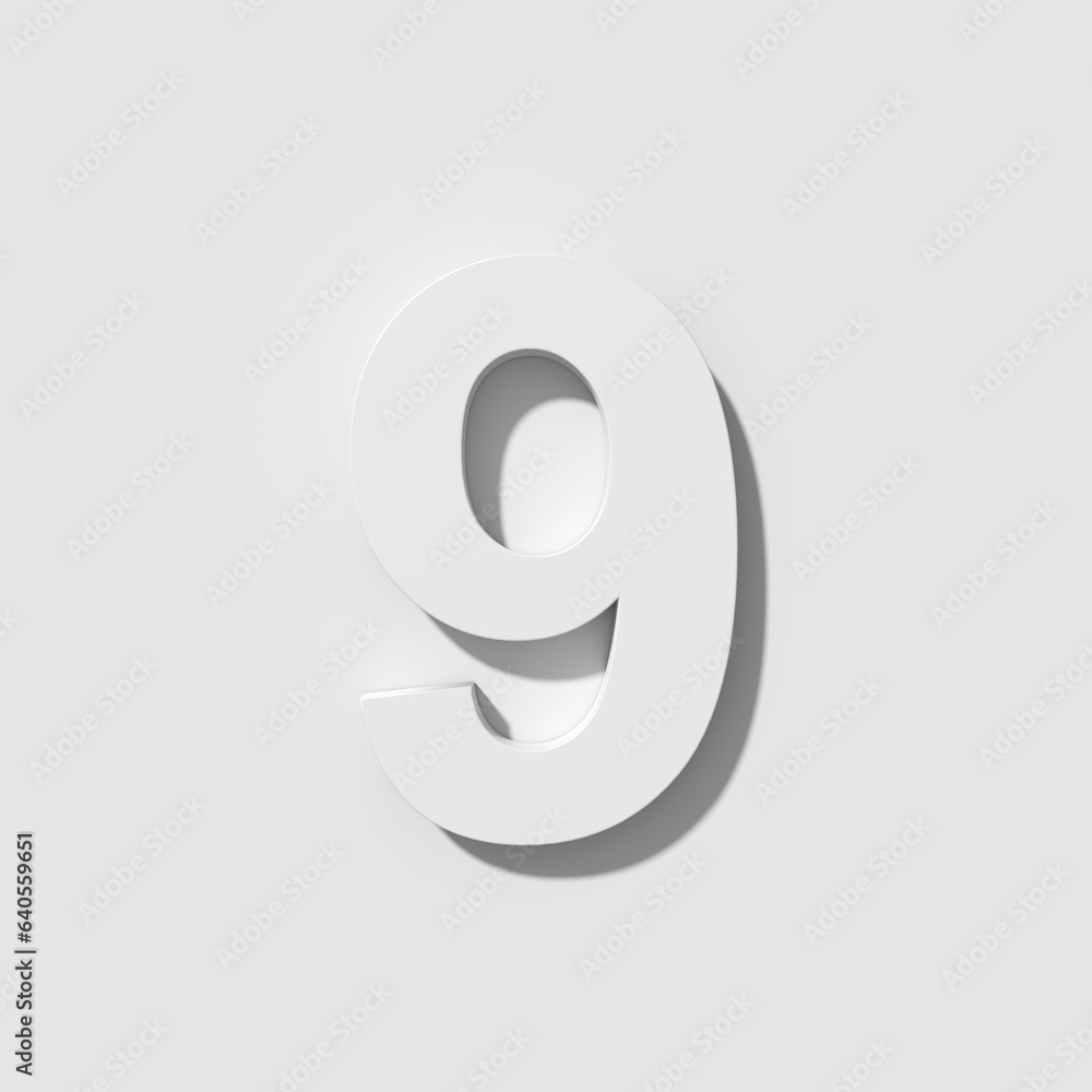 White number nine 9 on white background. White number nine 9 on white background.