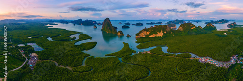 Sametnangshe, view of mountains in Phangnga Bay with mangrove forest in Andaman Sea with evening twilight sky, travel destination in Phangnga, Thailand