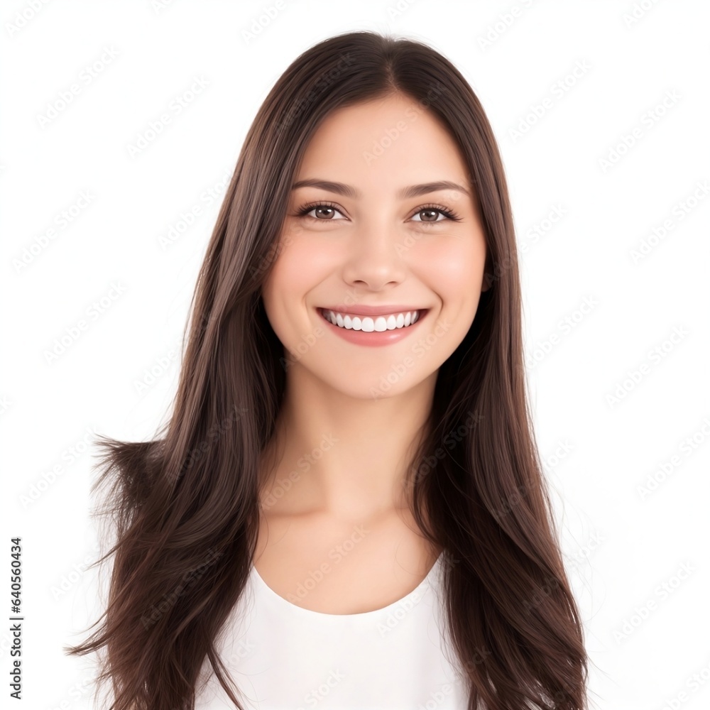 Beautiful woman smiling with long brown hair isolated on white background. Generative Ai Beautiful woman smiling with long brown hair isolated on white background. Generative Ai