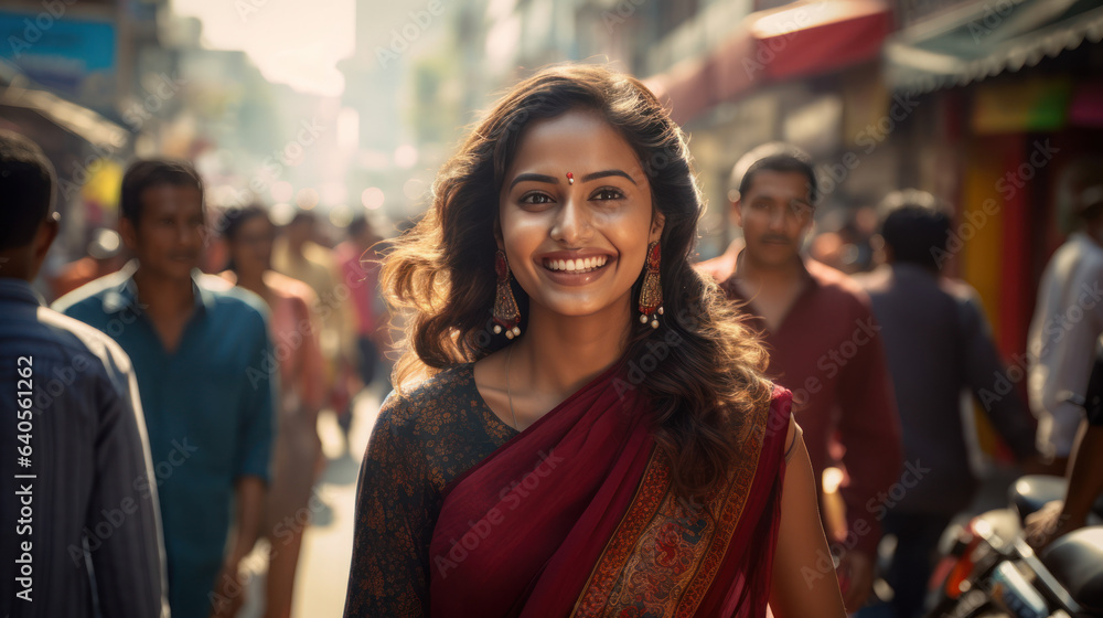 Young Indian woman smile in the city
