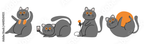 Set of cute little black cats . Hand drawn style . White isolated background . Vector .