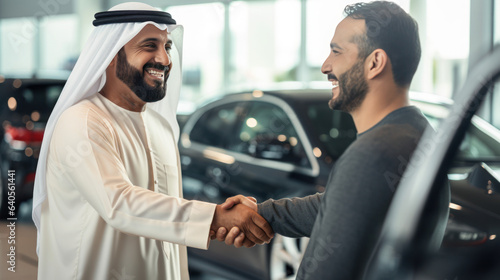 Emirati businessman in UAE's traditional talking handshake with a dealer in the car showroom © EmmaStock