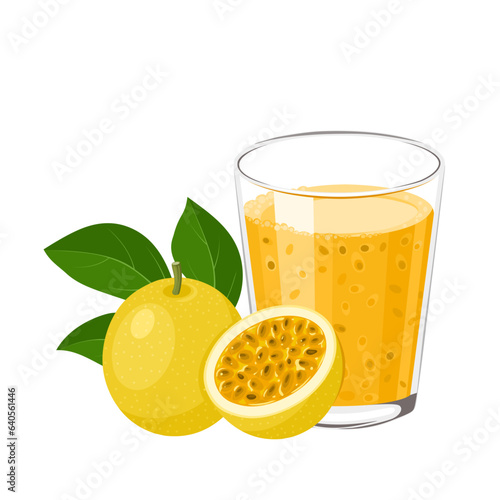 Vector illustration, a glass of passion fruit juice or Passiflora edulis, with passion fruit and green leaves, isolated on white background.