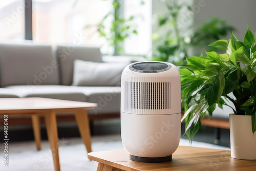Air purifier in white workplace room with filter for cleaner removing . Created with Generative Ai Technology photo