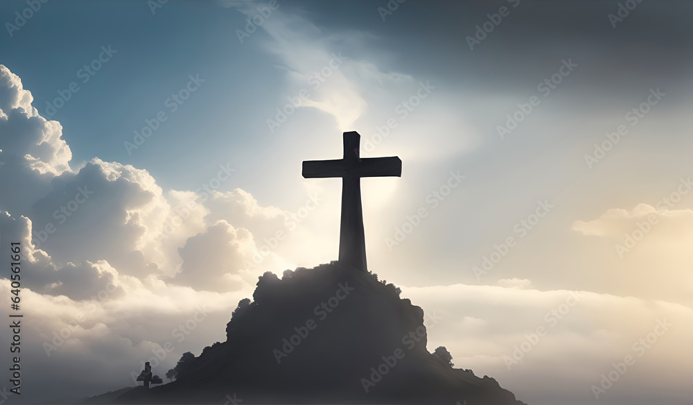 Jesus Christ cross. Easter, resurrection concept. Christian cross on mountain Jesus Christ cross. Easter, resurrection concept. Christian cross on mountain