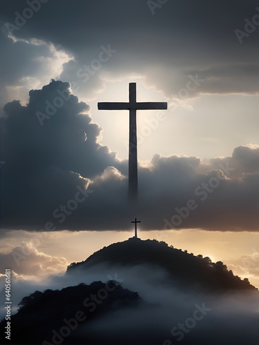 Jesus Christ cross. Easter, resurrection concept. Christian cross on mountain