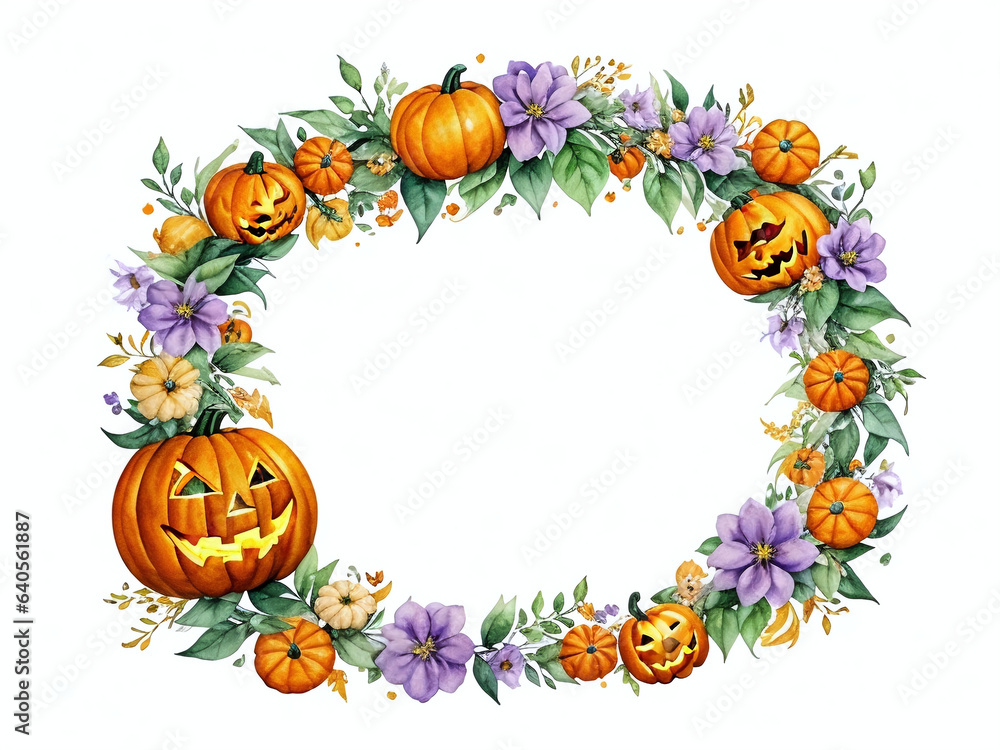 Fototapeta premium Happy Halloween holiday party Frame set with Jack O' Lantern pumpkins, bat, spider, Halloween Town, skull, candy sweets party decorations. Watercolor Cartoon illustration isolated on white background.