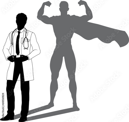 A superhero medical doctor man health care worker revealed by his shadow silhouette as a super hero in a cape.