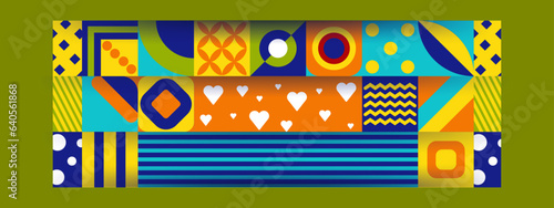 Abstract Geometric Pattern Artwork. Retro colors and color background. Grid with colored geometric shapes. Modern abstract promotional flyer, background, brochure, pattern.