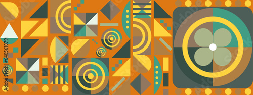 Abstract Geometric Pattern Artwork. Retro colors and color background. Grid with colored geometric shapes. Modern abstract promotional flyer, background, brochure, pattern.