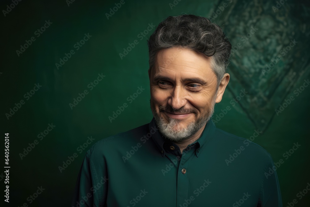 Happy mature man smiling, looking down. Green background. Photo generative AI