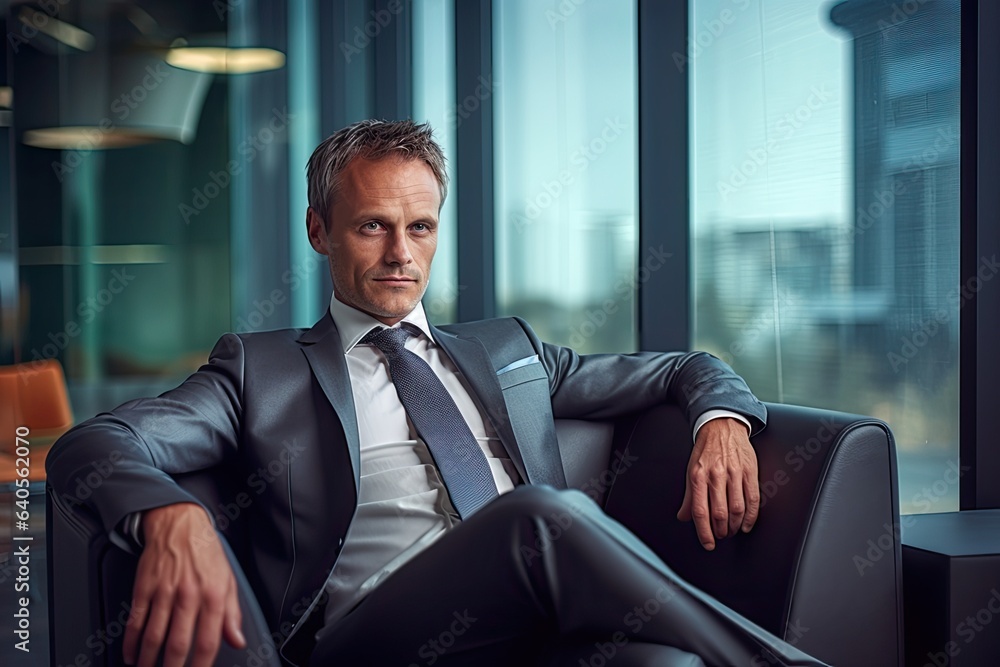 Relaxed businessman in office lobby. Photo generative AI Relaxed businessman in office lobby. Photo generative AI