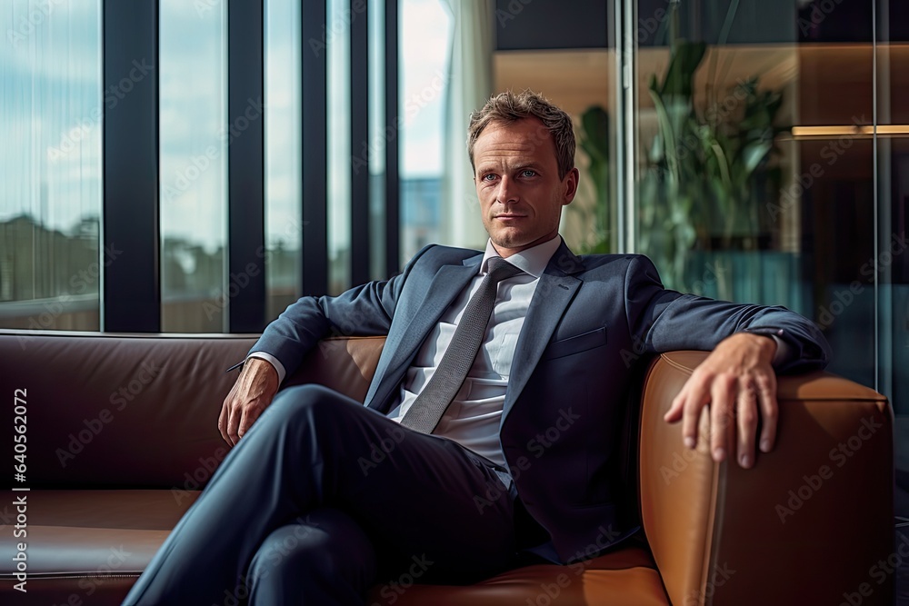 Relaxed businessman in office lobby. Photo generative AI Relaxed businessman in office lobby. Photo generative AI