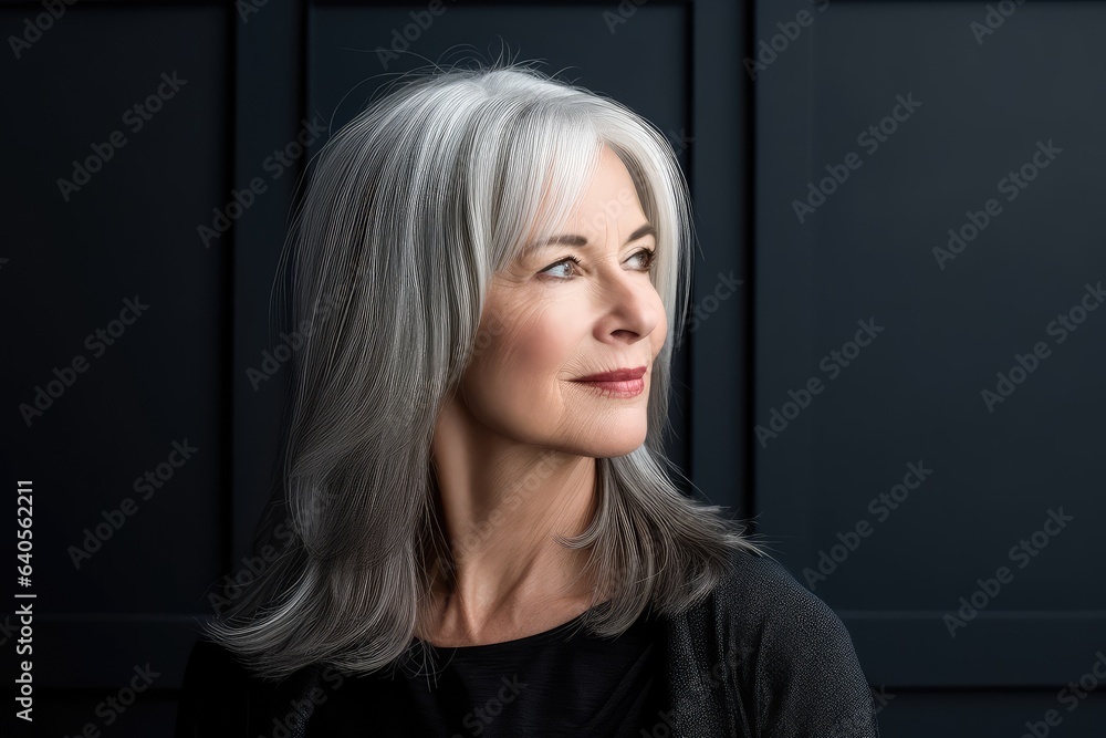 Fototapeta premium Elderly woman with gray hair gazing elsewhere. Photo generative AI