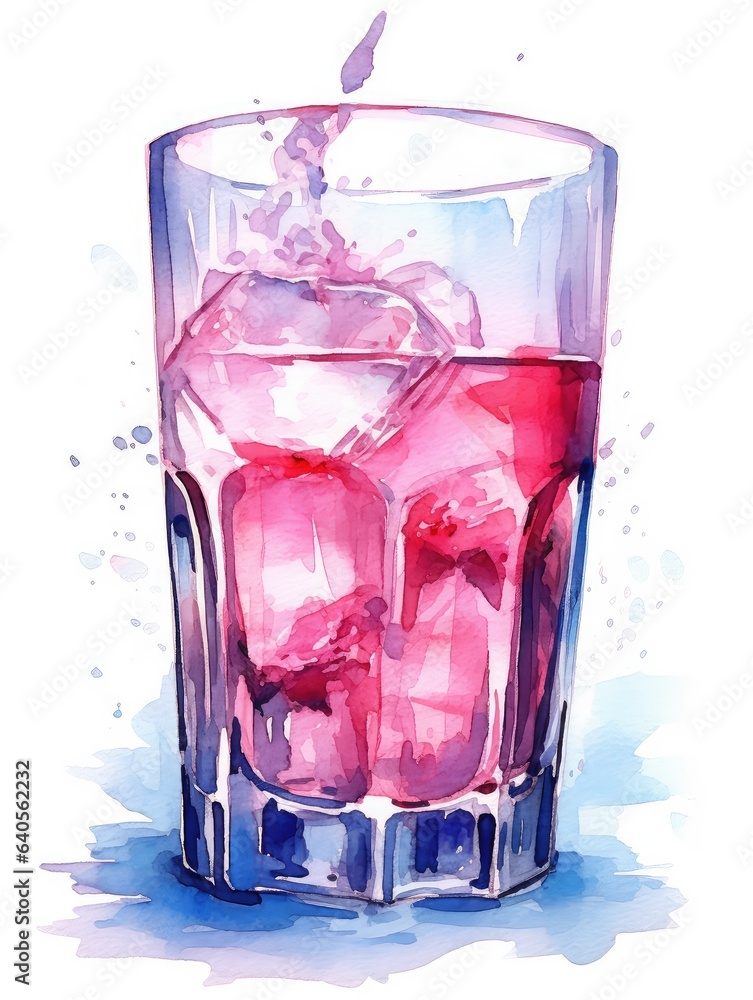 Glass of energy drink watercolor illustration - Generative AI. Glass of energy drink watercolor illustration - Generative AI.