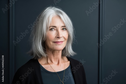 Elderly woman with gray hair gazing elsewhere. Photo generative AI