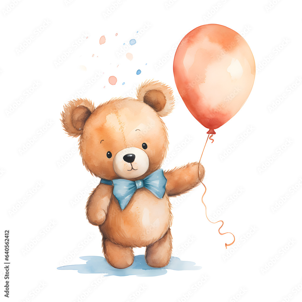 Teddy bear with balloons watercolor illustration isolated on white background Teddy bear with balloons watercolor illustration isolated on white background