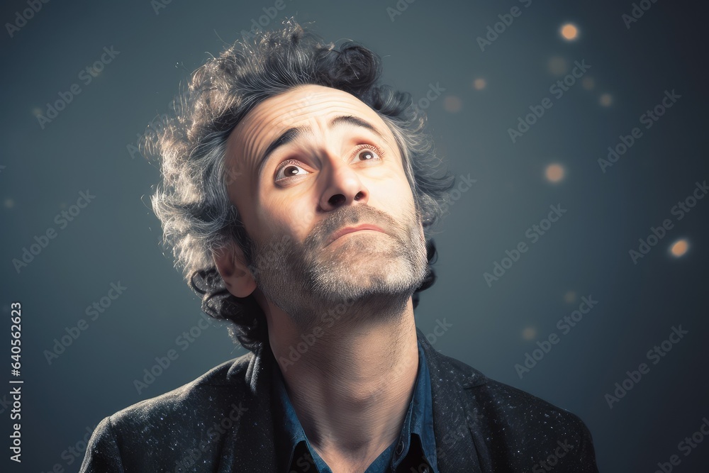 Worried man gazes upward in portrait. Photo generative AI Worried man gazes upward in portrait. Photo generative AI