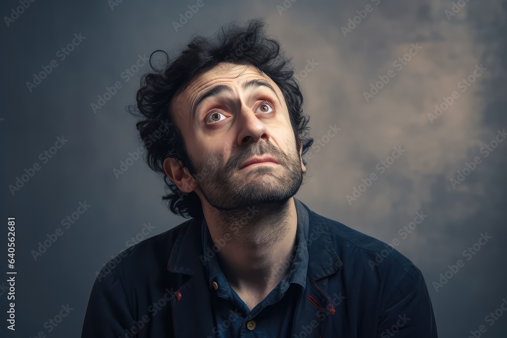 Worried man gazes upward in portrait. Photo generative AI Worried man gazes upward in portrait. Photo generative AI