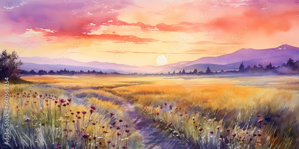 AI Generated. AI Generative. Watercolor ink drawing painting field meadow sun nature outdoor landscape background. Classic traditional art for cozy home decor