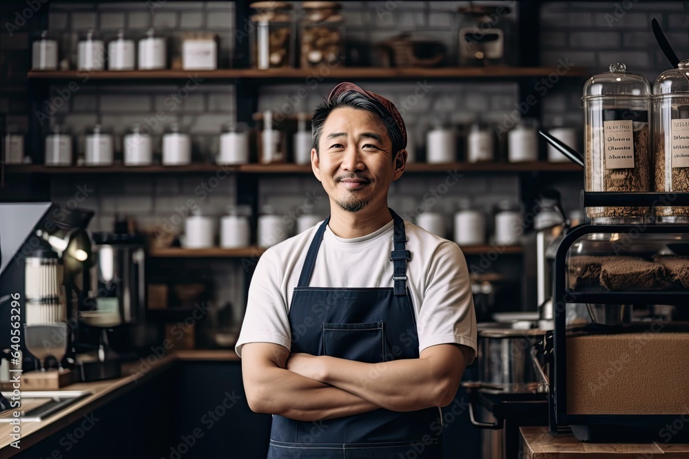 Fototapeta premium Japanese coffee roastery owner exudes confidence while producing top-quality beans. Photo generative AI