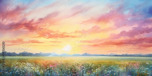 AI Generated. AI Generative. Watercolor ink drawing painting field meadow sun nature outdoor landscape background. Graphic Art