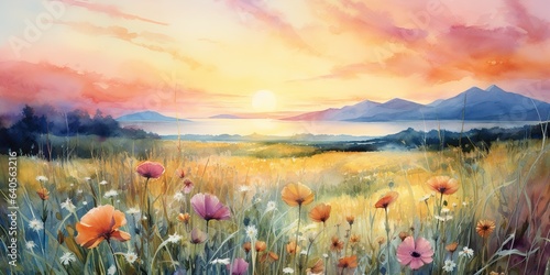 AI Generated. AI Generative. Watercolor ink drawing painting field meadow sun nature outdoor landscape background. Classic traditional art for cozy home decor © Graphic Warrior