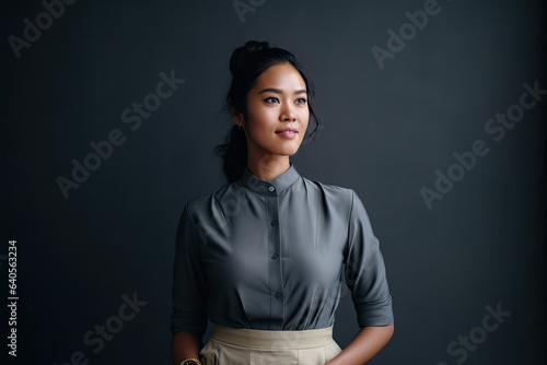 Smiling Asian businesswoman posing thoughtfully against grey background. Photo generative AI