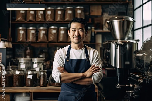 Japanese coffee roastery owner exudes confidence while producing top-quality beans. Photo generative AI