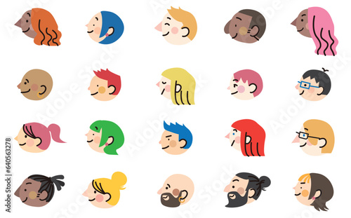 カラフルな髪色のシンプルでかわいい人間の横顔アイコンベクターイラスト セット