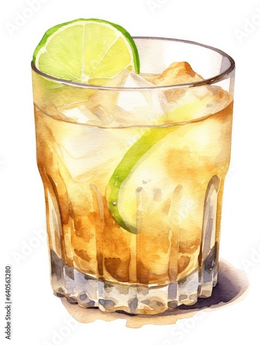 Glass of ginger ale watercolor illustration - Generative AI.