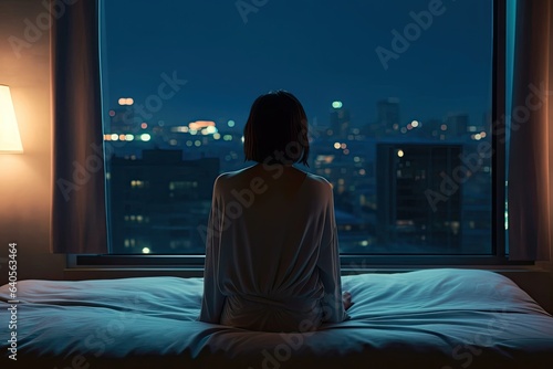 Woman on bed looking out window at night. Photo generative AI