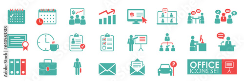 Set of Office icons Solid icon simple style. Employee, conference, project, document, business, work, support, contact us, productivity strategy, Vector illustration.