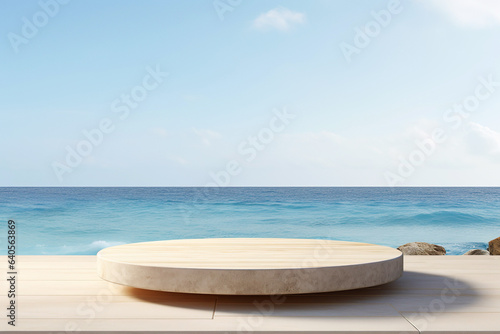 A coastal scene with a circular stage, perfect for displaying products against the backdrop of the ocean and sky. Coastal Product Showcase on Circular Stage