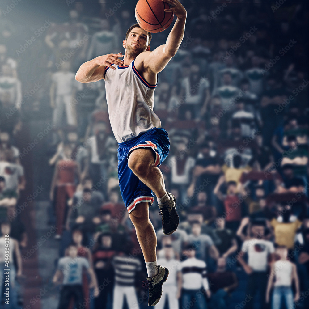 Basketball player in uniform on a professional court stadium 3d render with a ball in action.
